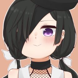Rule 34 | 1girl, :&gt;, bare shoulders, black hair, black hat, blush, brown background, closed mouth, collarbone, fate/grand order, fate (series), fishnets, hair over one eye, hair ribbon, hat, i.u.y, long hair, looking at viewer, low twintails, mochizuki chiyome (fate), one eye covered, outline, purple eyes, ribbon, solo, tilted headwear, twintails, upper body, white outline, white ribbon