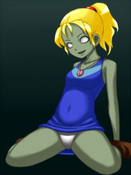 Rule 34 | 1990s (style), 1girl, blonde hair, colored skin, empty eyes, female focus, final fantasy, final fantasy v, gradient background, green skin, jewelry, krile mayer baldesion (ff5), kuroitsuki, lowres, navel, necklace, open mouth, panties, ponytail, retro artstyle, smile, solo, underwear, zombie