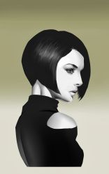 Rule 34 | 1girl, bare shoulders, bob cut, forehead, from side, greyscale, highres, lips, monochrome, nose, original, short hair, solo, swept bangs, tommy suhartono, upper body