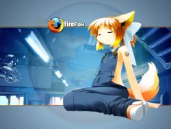 Rule 34 | 1girl, androgynous, animal ears, arm support, blonde hair, bow, buttons, child, closed eyes, copyright name, earbuds, earphones, flat chest, fox ears, fox tail, from side, hair bow, kitsupon, letterboxed, lights, lolifox, mozilla firefox, naked overalls, official art, official wallpaper, orange hair, os-tan, overalls, personification, shoes, short hair, sidelocks, sitting, sneakers, solo, tail, tattoo, wallpaper, wariza