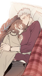 Rule 34 | 1boy, 1girl, black pants, brown hair, closed eyes, couple, cuddling, devil may cry (series), head on chest, hetero, honey dogs, kyrie (devil may cry), long sleeves, lying, nero (devil may cry), pants, pillow, short sleeves, simple background, white background, white hair