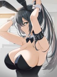 Rule 34 | 1girl, animal ears, aoi (monochrome bunny), armpits, banned artist, bare shoulders, black bow, black bowtie, black eyes, black hair, bow, bowtie, breasts, cleavage, closed mouth, commentary request, copyright request, detached collar, fake animal ears, highres, icomochi, large breasts, leotard, long hair, looking at viewer, monochrome bunny, original, playboy bunny, ponytail, rabbit ears, signature, solo, sweat, upper body