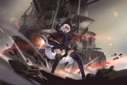 Rule 34 | 1girl, afra, arms up, black dress, black footwear, black gloves, black hairband, black thighhighs, blindfold, boots, breasts, building, closed mouth, cross-laced clothes, debris, dress, gloves, glowing, hairband, holding, holding sword, holding weapon, legs apart, light particles, long sleeves, medium breasts, motion blur, nier:automata, nier (series), no mole, outdoors, palms, puffy sleeves, short hair, solo, standing, swept bangs, sword, thighhighs, underwear, upskirt, vambraces, weapon, white hair, wind, 2b (nier:automata)
