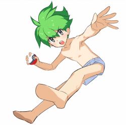 Rule 34 | 10s, 1boy, boxers, creatures (company), feet, full body, game freak, green hair, grey eyes, holding, holding poke ball, looking at viewer, male focus, male underwear, nintendo, open mouth, outstretched arm, outstretched hand, poke ball, pokemon, pokemon oras, saitou naoki, simple background, sketch, solo, underwear, underwear only, wally (pokemon), white background