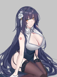 Rule 34 | 1girl, azuma (azur lane), azuma (soft voice of spring) (azur lane), azur lane, black thighhighs, blue hair, breasts, cleavage, dress, echj, flower, grey background, hair flower, hair ornament, highres, large breasts, long hair, looking at viewer, orange eyes, seiza, sitting, smile, solo, thighhighs, very long hair