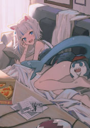 Rule 34 | 1girl, absurdres, animal ears, bloop (gawr gura), blue eyes, blue hair, cat ears, chilakkk, couch, fins, fish tail, food, gawr gura, gawr gura (casual), highres, hololive, hololive english, looking at viewer, lying, medium hair, multicolored hair, pizza, shark tail, silver hair, smile, solo, streaked hair, tail, teeth, virtual youtuber