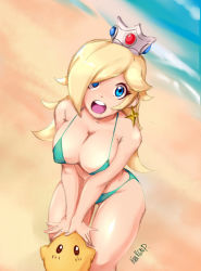Rule 34 | 1girl, beach, bikini, blonde hair, blue eyes, breasts, crown, earrings, from above, jewelry, krakenparty, large breasts, long hair, looking at viewer, mario (series), nintendo, open mouth, rosalina, solo, super mario bros. 1, super mario galaxy, swimsuit