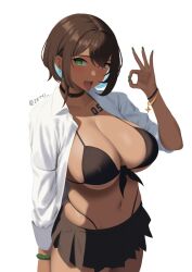 Rule 34 | 1girl, alternate breast size, alternate costume, arm at side, artist name, bikini, black bikini, black choker, black skirt, bracelet, breasts, brown eyes, brown hair, choker, collarbone, covered erect nipples, cowboy shot, cross-shaped pupils, dot nose, expressionless, eyebrows, eyelashes, fellatio gesture, female focus, fingernails, from above, green eyes, green nails, gyaru, hand up, heterochromia, highleg, highleg bikini, highres, indie virtual youtuber, jewelry, large breasts, leaf-shaped pupils, long fingernails, long sleeves, looking at viewer, medium hair, meica (vtuber), miniskirt, mismatched pupils, nail polish, naughty face, navel, number tattoo, open clothes, open mouth, open shirt, oral invitation, piercing, pov, shadow, shirt, simple background, skirt, solo, standing, swimsuit, symbol-shaped pupils, tan, tattoo, teeth, tongue, tongue out, tongue piercing, upper teeth only, virtual youtuber, white background, white shirt, zetyi