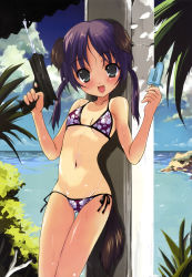 Rule 34 | 1girl, absurdres, animal ears, bikini, black eyes, braid, cloud, day, dog tail, fang, floral print, food, groin, highres, ice cream, kyogoku shin, looking at viewer, ocean, one-piece tan, open mouth, outdoors, popsicle, purple hair, shiny skin, side-tie bikini bottom, sky, smile, swimsuit, tail, tan, tanline, thigh gap, twintails, water gun, wet