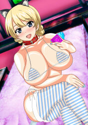 Rule 34 | 1girl, absurdres, animal collar, animal ears, bikini, blonde hair, blue eyes, blush, braid, breasts, collar, condom, covered erect nipples, darjeeling (girls und panzer), fox ears, girls und panzer, highres, holding, holding condom, large breasts, looking at viewer, mevius9, nail polish, on bed, open mouth, short hair, solo, swimsuit, thighhighs