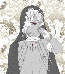 Rule 34 | 10s, 1boy, alternate costume, arm up, babo110pixiv, bracer, cape, choker, closed mouth, dark skin, diabolik lovers, earrings, eyelashes, flat color, floral print, flower, hair over one eye, jewelry, leaf, looking at viewer, male focus, monochrome, necklace, nipples, red eyes, sakamaki subaru, topless male, simple background, solo, spot color, upper body, white background