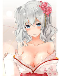 Rule 34 | 10s, 1girl, absurdres, bare shoulders, blue eyes, blush, breasts, cleavage, collarbone, eyebrows, female focus, floral print, flower, grey background, hair between eyes, hair flower, hair ornament, highres, japanese clothes, kantai collection, kashima (kancolle), kimono, large breasts, long sleeves, looking at viewer, neck, off shoulder, open clothes, open kimono, saku (kudrove), short hair, shy, silver hair, simple background, solo, tears, two side up, upper body, wavy mouth, wide sleeves
