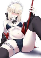 Rule 34 | 1girl, alternate costume, arm support, artoria pendragon (alter swimsuit rider) (fate), artoria pendragon (alter swimsuit rider) (second ascension) (fate), artoria pendragon (fate), black bow, blonde hair, blush, bow, breasts, cameltoe, collar, constricted pupils, detached collar, enmaided, fate/grand order, fate (series), frilled collar, frills, groin tendon, hair between eyes, hair bow, half-closed eyes, highres, jacket, jacket over swimsuit, looking at viewer, maid, navel, nose blush, off shoulder, shidou (x 2903), small breasts, solo, swimsuit, thighhighs, thighs, white background