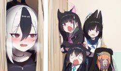 5girls animal_ears black_hair blue_archive blush breath cat_ears demon_horns grey_hair habit halo here&#039;s_johnny!_(meme) highres horns indoors interlocked_fingers kayoko_(blue_archive) kazusa_(blue_archive) kikyou_(blue_archive) looking_at_another looking_at_viewer mari_(blue_archive) meme mogurii multicolored_hair multiple_girls nose_blush nun orange_hair own_hands_together palms_together parody pink_hair praying scared scene_reference screaming serika_(blue_archive) the_shining traditional_nun trait_connection two-tone_hair