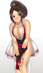 Rule 34 | 1girl, bare legs, blush, breasts, brown eyes, brown hair, cleavage, darabuchi, fatal fury, gradient background, halterneck, highres, huge breasts, looking at viewer, no bra, no panties, parted bangs, pelvic curtain, ponytail, revealing clothes, shiranui mai, smile, solo, standing, white background
