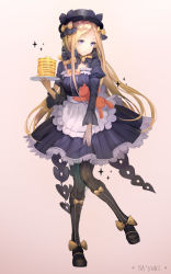 Rule 34 | 1girl, abigail williams (fate), alternate costume, apron, artist name, black bow, black dress, black footwear, black hat, black pantyhose, blonde hair, blue eyes, boots, bow, bug, butter, butterfly, closed mouth, cross-laced footwear, dress, enmaided, fate/grand order, fate (series), food, hair bow, hat, highres, holding, holding plate, hugging object, insect, juliet sleeves, knee boots, lace-up boots, long hair, long sleeves, looking to the side, maid, orange bow, pancake, pancake stack, pantyhose, parted bangs, pink background, plate, polka dot, polka dot bow, puffy sleeves, sa&#039;yuki, simple background, solo, sparkle, striped clothes, striped pantyhose, stuffed animal, stuffed toy, teddy bear, vertical-striped clothes, vertical-striped pantyhose, very long hair, waist apron, white apron