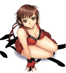 Rule 34 | 1girl, boots, breasts, brown eyes, brown hair, cleavage, fingerless gloves, gloves, hinomoto reiko, legs, medium breasts, mole, mole on breast, rumble roses, short hair, sitting, smile, solo, syunzou