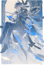 Rule 34 | 1boy, arknights, bird, black bird, black footwear, black gloves, black suit, book, border, chinese commentary, commentary request, formal, gloves, grey hair, highres, holding, holding book, holding pen, horns, lin qing (phosphorus 1104), logos (arknights), long hair, looking at viewer, male focus, pen, red eyes, sitting, solo, suit, very long hair, wind