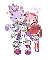 Rule 34 | 2girls, absurdres, amy rose, blaze the cat, blush, cat girl, cat tail, dress, eyelashes, fang, flying sweatdrops, forehead jewel, fur-trimmed footwear, fur-trimmed gloves, fur trim, furry, furry female, gloves, gold necklace, green eyes, hairband, heart, highres, hug, hug from behind, jacket, jewelry, multiple girls, necklace, one eye closed, pants, pink footwear, pink fur, ponytail, purple fur, purple jacket, red dress, red footwear, simple background, sonic (series), tail, unneul, white pants, yellow eyes