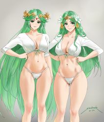 Rule 34 | 2021, 2girls, artist name, blouse, blush, breasts, cleavage, collarbone, color connection, dated, diadem, female focus, fire emblem, fire emblem: three houses, flower, green eyes, green hair, grey background, hair flower, hair ornament, highres, kid icarus, large breasts, long hair, look-alike, looking at viewer, matching hair/eyes, multiple girls, navel, nintendo, palutena, panties, parted bangs, rhea (fire emblem), sendo (sendrawz), shirt, signature, simple background, skindentation, smile, standing, thighs, trait connection, underwear, very long hair, white panties, white shirt