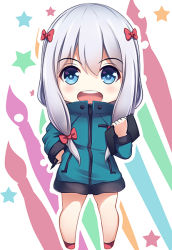 Rule 34 | 10s, 1girl, :d, aqua jacket, blue eyes, blush, bow, chibi, commentary request, drawing tablet, eromanga sensei, euforia, full body, hair bow, hand on own hip, holding, izumi sagiri, jacket, legs apart, long hair, long sleeves, looking at viewer, low-tied long hair, multicolored background, no pants, open mouth, pink socks, pocket, red bow, silver hair, smile, socks, solo, standing, star (symbol), stylus, tareme, track jacket, zipper
