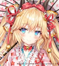 Rule 34 | 1girl, bell, black horns, blonde hair, blue eyes, blue nails, blush, bow, bowtie, breasts, character request, closed mouth, commentary request, cropped, floral print kimono, hair between eyes, hair bow, hand up, head tilt, holding, holding umbrella, horns, japanese clothes, kanpani girls, kimono, long hair, looking at viewer, momoko (momopoco), neck bell, red bow, red bowtie, red ribbon, ribbon, smile, solo, umbrella