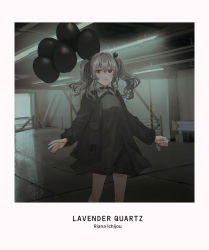 Rule 34 | 1girl, :d, absurdres, balloon, black choker, black dress, black jacket, black ribbon, breasts, character name, character request, chihuri, choker, collared dress, commentary request, copyright name, dress, grey hair, hair between eyes, hair ribbon, highres, holding, holding balloon, indoors, jacket, lavender quartz, long hair, long sleeves, open clothes, open jacket, open mouth, railing, red eyes, riana ichijou, ribbon, sidelocks, sleeves past wrists, small breasts, smile, solo, standing, twintails