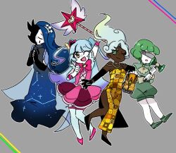 Rule 34 | 4girls, arm up, black gloves, blue hair, bow, bowtie, dress, elbow gloves, floating hair, full body, gauntlets, gloves, green eyes, green footwear, green hair, green shirt, green shorts, grey background, holding, holding wand, king of greed, knight of despair, lobotomy corporation, long hair, multiple girls, one eye closed, open mouth, pink bow, pink bowtie, pink dress, pink footwear, project moon, queen of hatred, servant of wrath, shirt, shoes, shorts, simple background, single gauntlet, strapless, strapless dress, thighhighs, two side up, very long hair, wakame 031412, wand, white hair, white thighhighs, wonderlab, yellow dress
