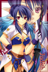 Rule 34 | 00s, 1girl, bad id, bad pixiv id, blue hair, border, character name, cropped jacket, gloves, hand on own hip, hip focus, hiryuu kanon, judith (tales), long hair, midriff, outside border, pointy ears, polearm, purple eyes, red border, smile, solo, spear, tales of (series), tales of vesperia, weapon, white gloves, zoom layer