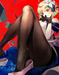 Rule 34 | 1girl, archetype earth, arcueid brunestud, black gloves, blonde hair, breasts, brown pantyhose, character request, colored inner hair, commentary request, detached sleeves, dress, fate/grand order, fate (series), fine fabric emphasis, flower, foreshortening, gloves, hair flower, hair ornament, hands up, head tilt, high heels, highres, iris (tb33064667), knees together feet apart, legs, medium breasts, medium hair, multicolored hair, pantyhose, red background, red eyes, shadow, shiny clothes, shoe dangle, solo, steepled fingers, thighs, white dress, white sleeves