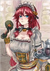 Rule 34 | 1girl, alternate costume, blue eyes, breasts, cup, enmaided, hong meiling, large breasts, maid, maid headdress, panzer (p.z), red hair, solo, teacup, touhou