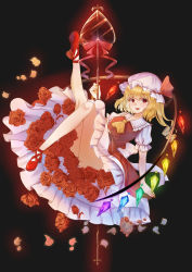 Rule 34 | 1girl, :d, absurdres, black background, blonde hair, blush, crystal, dark background, flandre scarlet, flower, full body, hair between eyes, hat, highres, laevatein (touhou), leg up, looking at viewer, mob cap, one side up, open mouth, outer glow, red eyes, red flower, red rose, rose, simple background, smile, solo, sora 223, touhou, wings