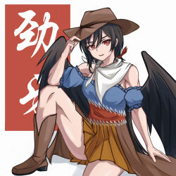 Rule 34 | 1girl, arm support, bandana, bare legs, bare shoulders, black hair, black wings, blue shirt, boots, brown footwear, brown headwear, brown skirt, chunjiu, cowboy hat, cowboy western, cowgirl (western), detached sleeves, feathered wings, frilled shirt, frilled sleeves, frills, hair between eyes, hair ribbon, hand on headwear, hat, highres, horse girl, knee up, kurokoma saki, long hair, looking at viewer, low ponytail, muscular, muscular female, open mouth, pleated skirt, puffy detached sleeves, puffy sleeves, red eyes, red ribbon, ribbon, shirt, short sleeves, sidelocks, simple background, sitting, skirt, sleeveless, sleeveless shirt, smile, text background, touhou, white background, white bandana, wings