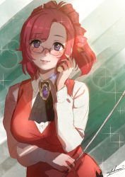 Rule 34 | 1girl, arm under breasts, ascot, black ascot, breasts, brooch, commentary request, glasses, hand up, jewelry, kazami mizuho, large breasts, long sleeves, looking at viewer, onegai teacher, pince-nez, pointer, purple eyes, red hair, red vest, shirt, signature, smile, solo, sparkle, takami masahiro, vest, white shirt, wing collar