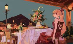 Rule 34 | 1girl, blonde hair, candle, chair, clock, clock tower, cogecha, cup, dress, drinking glass, earrings, flower, food, fruit, furry, grapes, hair ornament, highres, holding, holding knife, jewelry, knife, long hair, looking at viewer, mountain, original, pear, phone, red dress, red eyes, sitting, table, tower, vase, wine glass, wolf boy