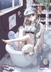 Rule 34 | 1girl, animal ears, animal hat, bandaged arm, bandages, bare legs, bathtub, black bra, blonde hair, blood, blood splatter, blue eyes, blue nails, book, bra, cabbie hat, cellphone, checkered floor, closed eyes, collarbone, crying, crying with eyes open, cup, eyes visible through hair, food, fork, funnel, glass bottle, grey jacket, gun, hair over one eye, hand on own knee, handgun, hat, headphones, highres, holding, holding funnel, indoors, jacket, key, leaf, leg up, light bulb, looking at viewer, microphone, mug, nail polish, night, nor9re, notebook, open clothes, open jacket, original, overflowing, pale skin, pancake, pancake hair ornament, paper, phone, photo (object), pill, puzzle piece, rabbit ears, rain, shadow, shelf, shoes, short hair, smartphone, solo, stuffed animal, stuffed dog, stuffed owl, stuffed penguin, stuffed toy, tape, tears, toenail polish, toenails, towel, u u, underwear, unworn shoe, unworn shoes, water, weapon, window, wire, x x, zipper