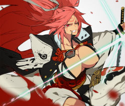 Rule 34 | baiken, big hair, black kimono, blood, breasts, cleavage, cowboy shot, eyepatch, eyewear in mouth, facial mark, facial tattoo, fighting stance, forehead mark, gabu (az210309), grin, guilty gear, guilty gear strive, holding, holding sword, holding weapon, huge breasts, japanese clothes, katana, kimono, long hair, looking up, mouth hold, multicolored clothes, multicolored kimono, one-eyed, one eye closed, open clothes, open kimono, parted bangs, pink hair, ponytail, red eyes, scar, scar across eye, smile, swept bangs, sword, tattoo, teeth, weapon, white background, white kimono, wide ponytail