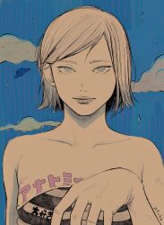 Rule 34 | 1girl, absurdres, bare shoulders, blue eyes, cloud, collarbone, commentary request, expressionless, flying saucer, hair behind ear, highres, limited palette, lips, original, short hair, signature, solo, spacecraft, strapless, striped clothes, suittyo sama, translation request, tube top, upper body