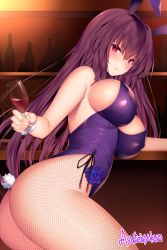 Rule 34 | 1girl, animal ears, ass, ayuteisyoku, bare shoulders, blush, breasts, closed mouth, commentary request, counter, covered erect nipples, cup, drinking glass, fake animal ears, fate/grand order, fate (series), fishnet pantyhose, fishnets, flower, from side, holding, indoors, large breasts, leotard, long hair, looking at viewer, official alternate costume, pantyhose, playboy bunny, purple hair, purple leotard, rabbit ears, rabbit tail, red eyes, scathach (fate), scathach (piercing bunny) (fate), smile, solo, strapless, strapless leotard, tail, twitter username, wine glass, wrist cuffs