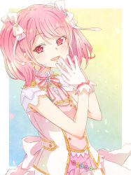 Rule 34 | 1girl, :d, back bow, bang dream!, bow, confetti, dress, e20, earrings, flower earrings, gloves, hair ribbon, jewelry, looking at viewer, maruyama aya, neck ribbon, open mouth, outside border, own hands together, pink eyes, pink hair, pink ribbon, ribbon, smile, solo, striped ribbon, twintails, upper body, white bow, white gloves, white ribbon