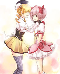 Rule 34 | 10s, 2girls, blonde hair, bow, bubble skirt, closed eyes, drill hair, fingerless gloves, gloves, hair bow, hair ribbon, hands on another&#039;s face, hat, highres, iroto, kaname madoka, kaname madoka (magical girl), long hair, magical girl, mahou shoujo madoka magica, mahou shoujo madoka magica (anime), multiple girls, pink eyes, pink hair, ribbon, short hair, short twintails, skirt, smile, striped clothes, striped thighhighs, tears, thighhighs, tomoe mami, tomoe mami (magical girl), twin drills, twintails, vertical-striped clothes, vertical-striped thighhighs, zettai ryouiki