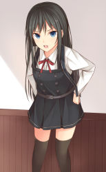 Rule 34 | 10s, 1girl, asashio (kancolle), belt, black hair, black thighhighs, blue eyes, buttons, commentary request, dress, eyebrows, hands on own hips, highres, kanpyo (hghgkenfany), kantai collection, long hair, long sleeves, looking at viewer, neck ribbon, open mouth, pinafore dress, red ribbon, ribbon, short dress, sleeveless, sleeveless dress, solo, thighhighs, zettai ryouiki