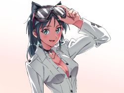 Rule 34 | 1girl, adjusting goggles, animal ears, black hair, blush, breasts, cat ears, cleavage, fang, francesca lucchini, goggles, goggles on head, green eyes, highres, kogarashi51, looking at viewer, medium breasts, no bra, aged up, open clothes, smile, solo, strike witches, uniform, upper body, world witches series