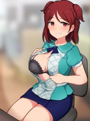 Rule 34 | 1girl, absurdres, aoba misaki, blurry, blurry background, bra, bra peek, breasts, buttons, chair, cleavage, collared shirt, grin, highres, idolmaster, idolmaster million live!, large breasts, looking at viewer, milliani, office chair, on chair, open clothes, open shirt, red eyes, red hair, ribbon, shirt, short hair, short sleeves, short twintails, sitting, skirt, smile, sweat, swivel chair, thighs, twintails, unbuttoned, underwear