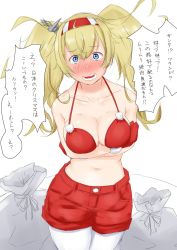 Rule 34 | 1girl, bad id, bad twitter id, bikini, bikini top only, blonde hair, blue eyes, blush, breast hold, breasts, christmas, commentary request, crossed arms, gambier bay (kancolle), gloves, hair between eyes, hairband, highres, kantai collection, large breasts, long hair, looking at viewer, niwatazumi, open mouth, pantyhose, pantyhose under shorts, red bikini, shorts, solo, swimsuit, tearing up, translation request, trash