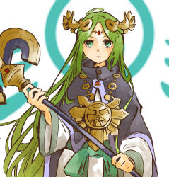 Rule 34 | 1girl, aqua eyes, circlet, cloak, closed mouth, facing viewer, frown, green hair, holding, holding staff, jewelry, kid icarus, long hair, long sleeves, necklace, nintendo, nishikuromori, palutena, parted bangs, purple cloak, simple background, solo, staff, straight hair, very long hair, white background, wide sleeves