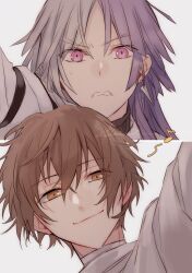 Rule 34 | 2boys, absurdres, brown eyes, brown hair, bungou stray dogs, closed mouth, dazai osamu (bungou stray dogs), earrings, frown, highres, jewelry, long hair, looking at viewer, male focus, multicolored hair, multiple boys, musical note, pink eyes, portrait, purple hair, r1kuuw, short hair, sigma (bungou stray dogs), simple background, smile, sweatdrop, two-tone hair, v-shaped eyebrows, white background, white hair
