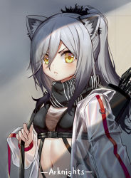 Rule 34 | 1girl, absurdres, animal ear fluff, animal ears, arknights, black scarf, blush, breasts, cat ears, commentary, copyright name, crop top, earrings, hair between eyes, highres, indoors, jacket, jewelry, long hair, long sleeves, looking at viewer, medium breasts, midriff, navel, open clothes, open jacket, quiver, scarf, schwarz (arknights), see-through, silver hair, solo, stomach, upper body, v-shaped eyebrows, white jacket, yellow eyes, yizhirenben