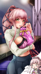 Rule 34 | 1girl, between breasts, blush stickers, bra, breasts, clothes lift, commentary request, gift, grey skirt, hair flaps, highres, imagining, kantai collection, lace, lace bra, large breasts, long hair, looking at viewer, pink bra, pink hair, pleated skirt, ponytail, skirt, solo, sweater, sweater lift, tongue, tongue out, translation request, tsukineko, underwear, very long hair, yellow eyes, yura (kancolle)