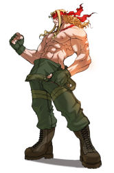 Rule 34 | 1boy, abs, alex (street fighter), blonde hair, boots, capcom, cross-laced footwear, falcoon, fingerless gloves, full body, gloves, headband, lace-up boots, legs apart, male focus, muscular, nipples, overalls, pectorals, simple background, solo, standing, street fighter, street fighter iii (series), topless male, white background